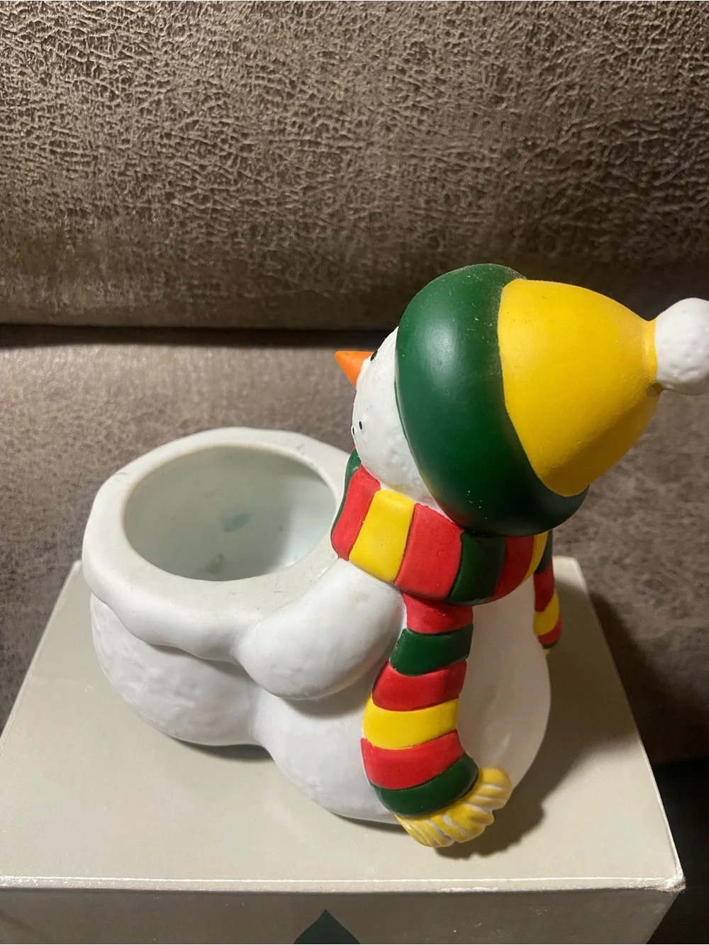 Snowman PartyLite Tea light Holder - White with Green, Red & Yellow Accents VTG